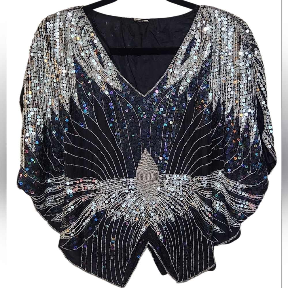 Vintage Gorgeous Silk Sequin & Beaded Black & Silver Blouse Small